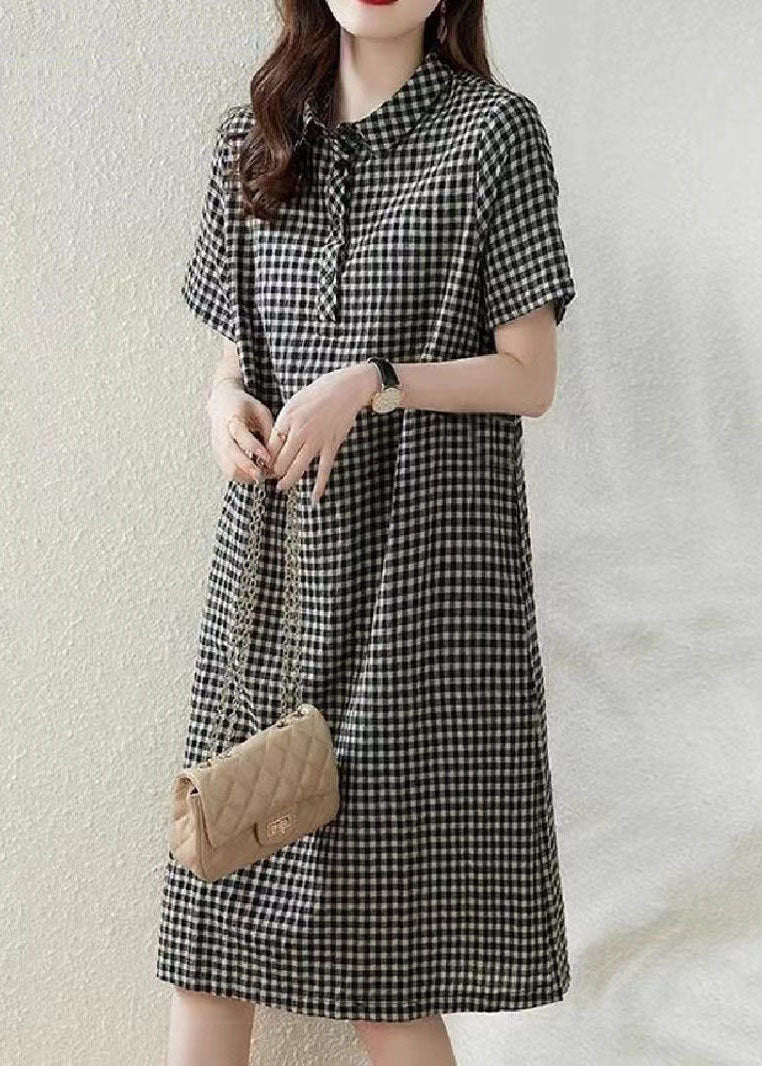 Grey Peter Pan Collar Plaid Linen Vacation Dress Summer