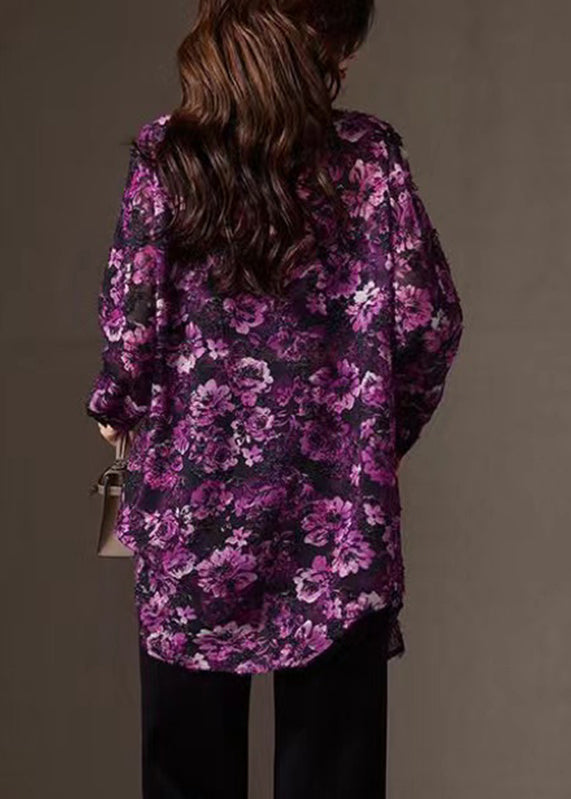 Purple Print Peter Pan Collar Button Chiffon Shirts Fall