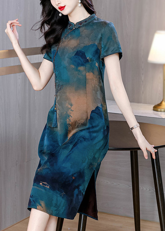 Blue Stand Collar Tasseled Print Silk Dress Summer