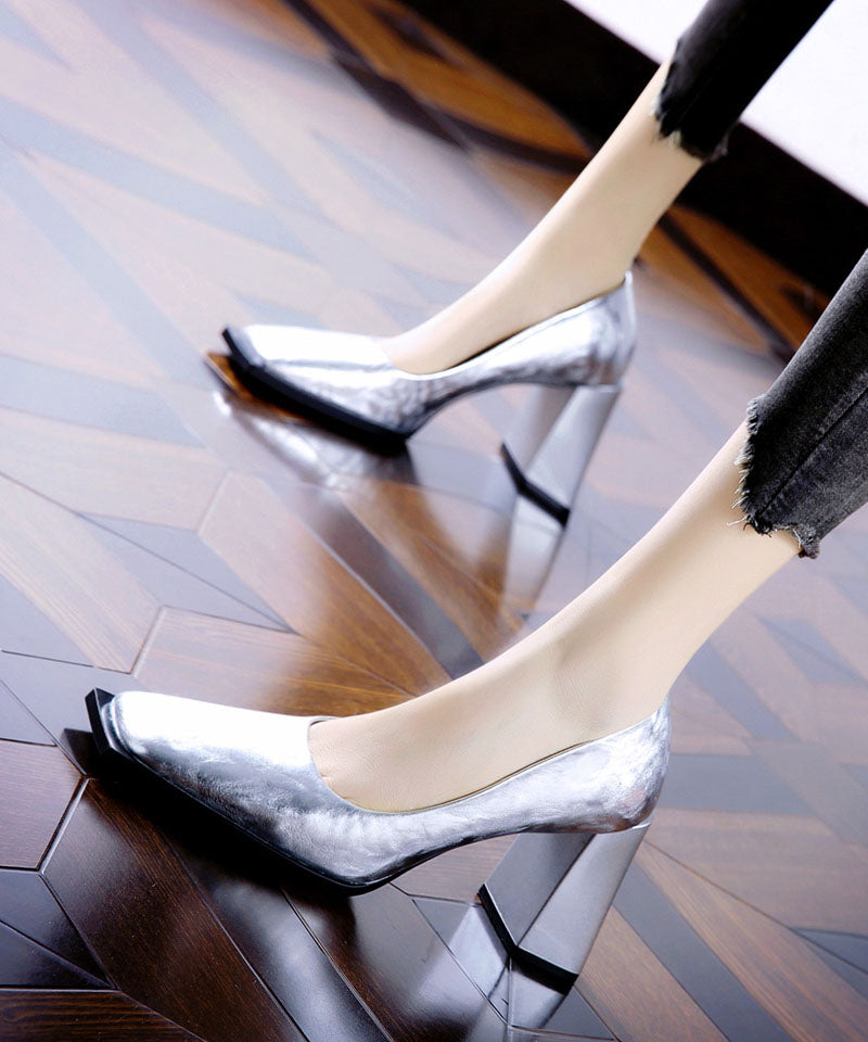 Gun Color Faux Leather Chunky Heels Square Toe