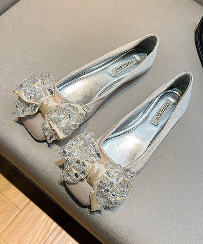 New Splicing Flat Shoes for Green Satin Bow Zircon