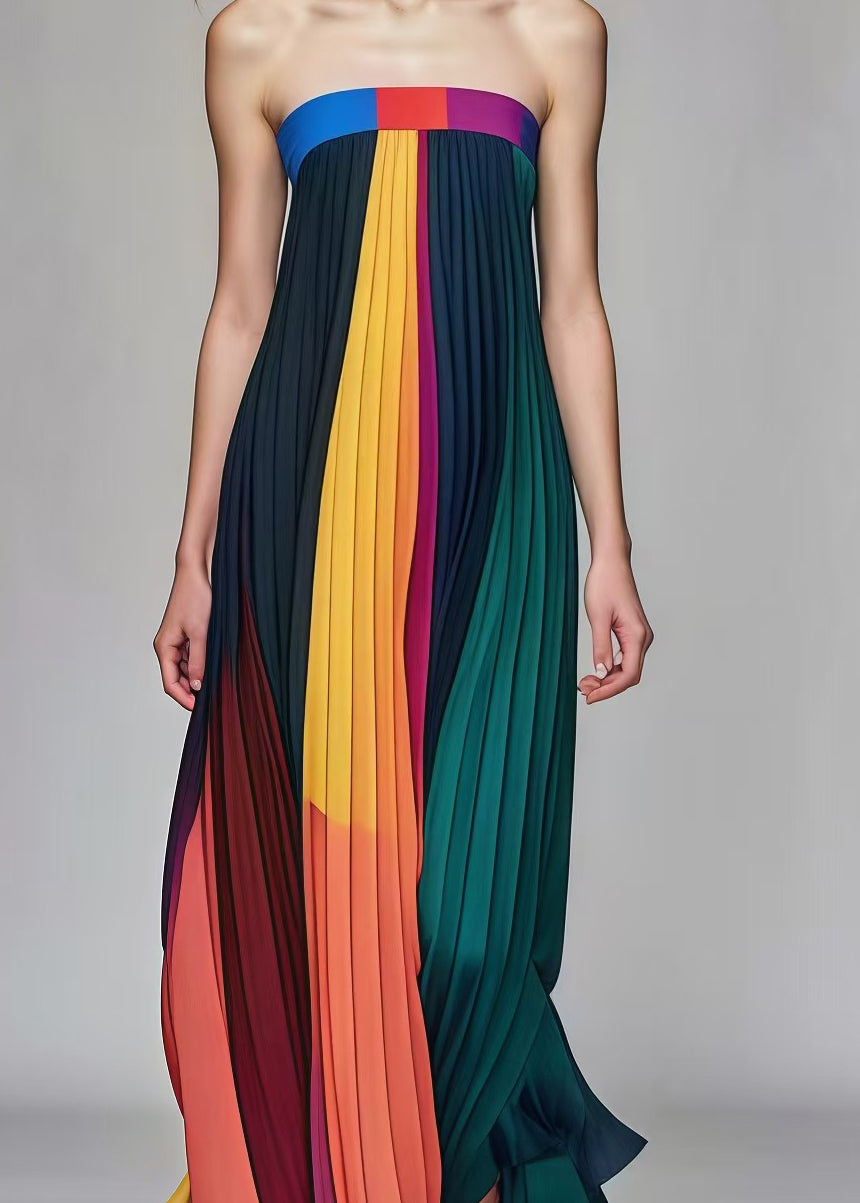 Multicolor Backless Chiffon Strapless Pleated Dress Summer