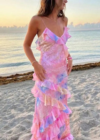 Stylish Pink Ruffled Patchwork Chiffon Spaghetti Strap Dresses Summer