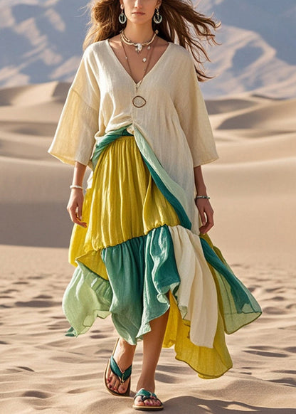 Khaki Asymmetrical Patchwork Cotton Maxi Dresses Bracelet Sleeve