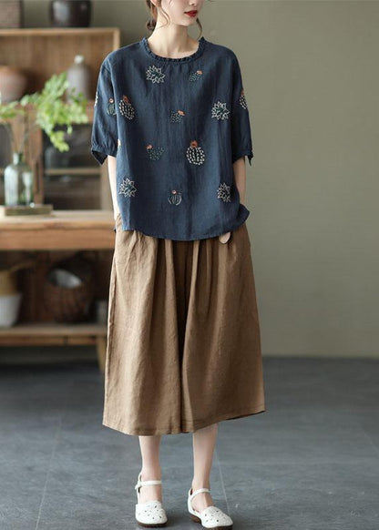 White O-neck Embroidered Summer Ramie Blouse Half Sleeve