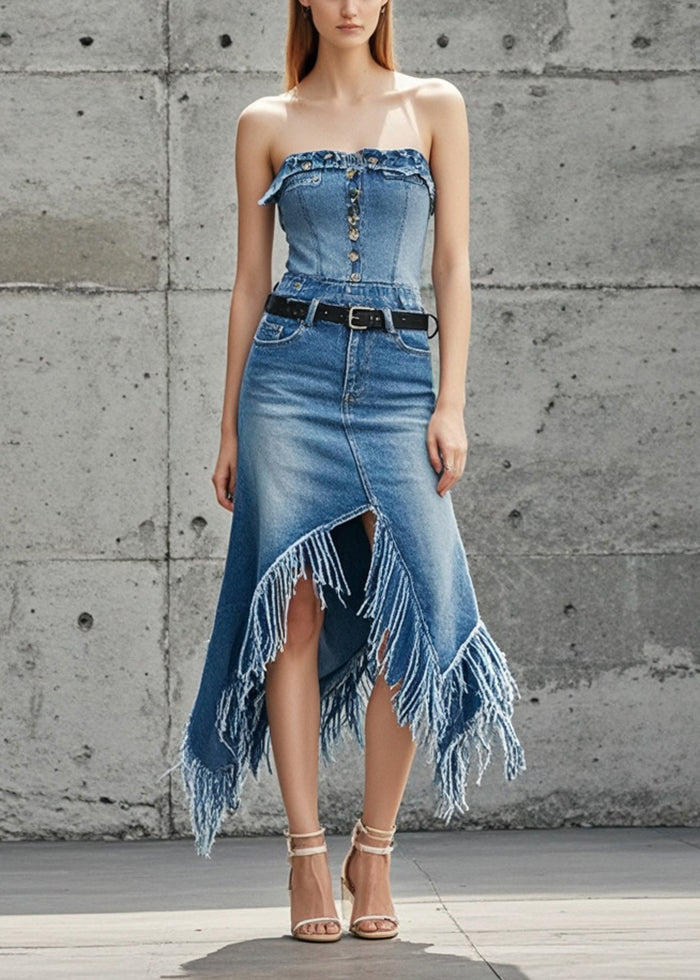 Blue Asymmetrical Patchwork Tasseled Denim Skirts Fall