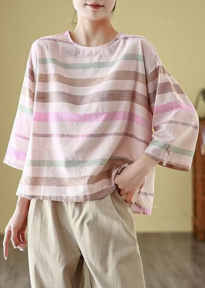 Loose O Neck Striped Cozy Linen T Shirt Bracelet Sleeve