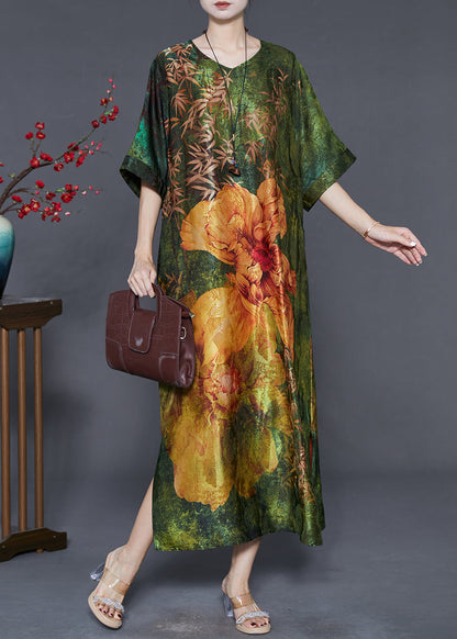 Green V Neck Print Silk Robe Dresses Summer