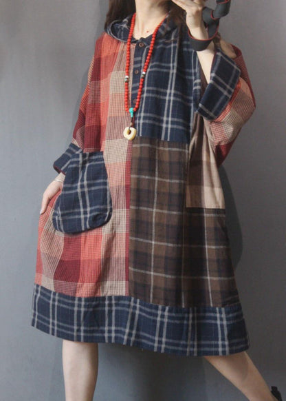 Plaid Patchwork Hooded Cotton Linen Holiday Dress Summer