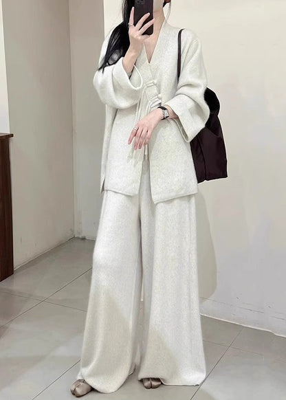 Brief Light Grey V Neck Button Knit Coats and Pants Two Piece Set Fall