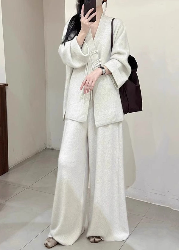 Brief Light Grey V Neck Button Knit Coats and Pants Two Piece Set Fall
