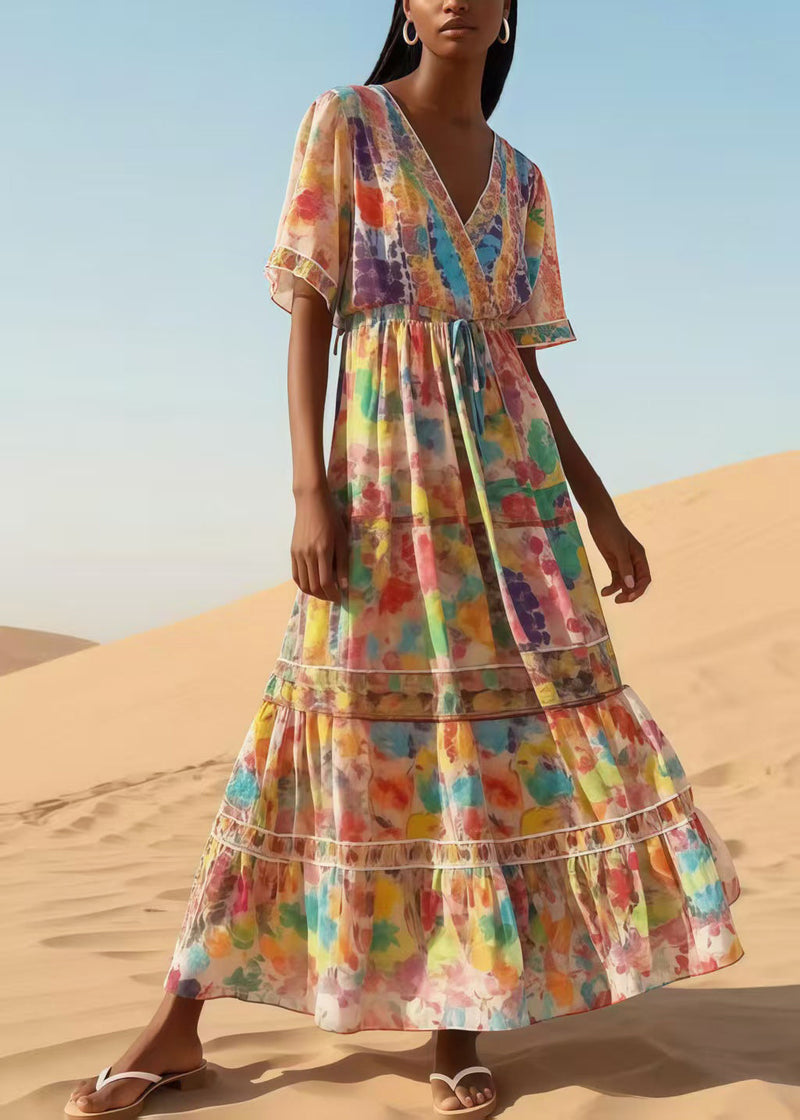 Apricot Print Chiffon Maxi Dresses Summer