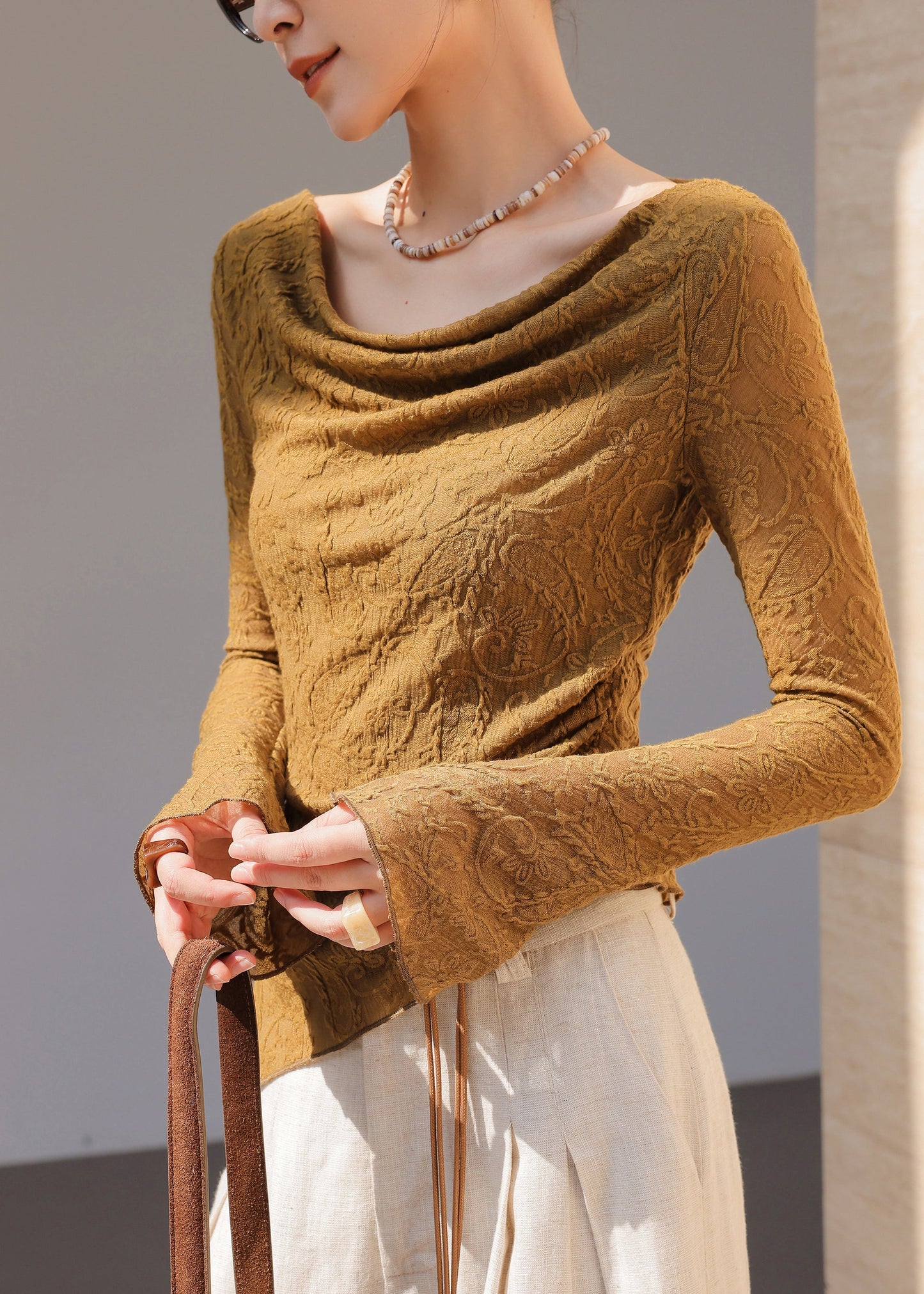 Brown Asymmetrical Jacquard Cotton Top Flare Sleeve