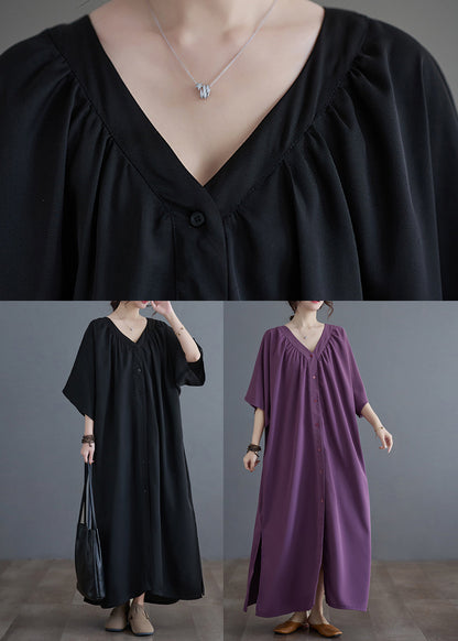 Black V Neck Wrinkled Maxi Dresses Summer