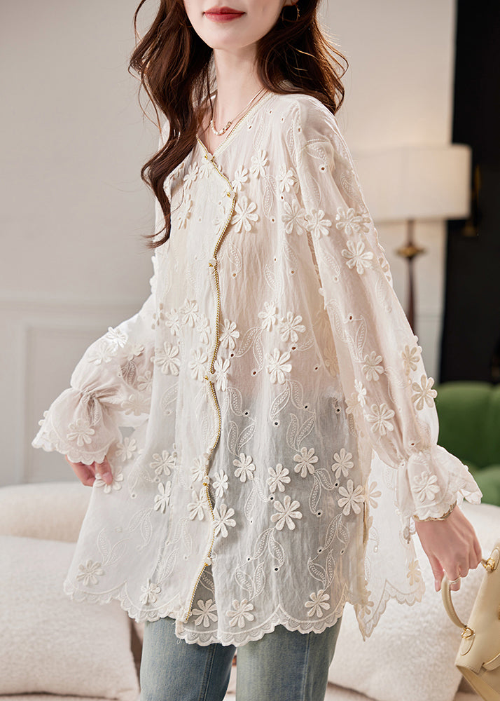 French Beige O-neck Embroidered Shirt Spring