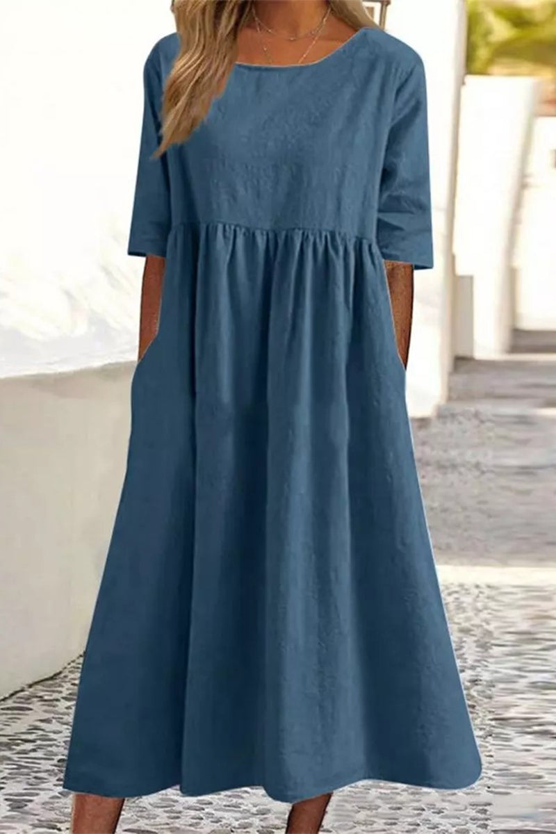 Half Sleeve Pleated Pocket Cotton Dress(9 Colors)