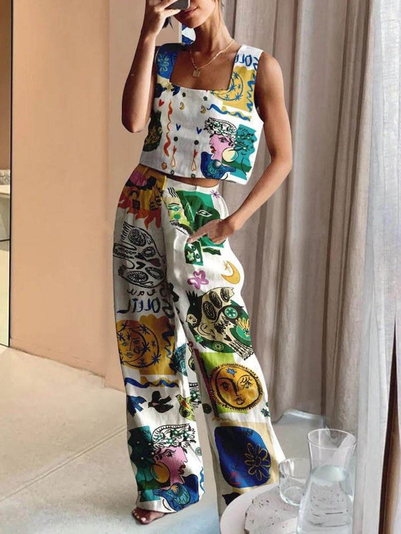 Back Elastic Waist Pocketed Pants and Unique Print Tank Set
