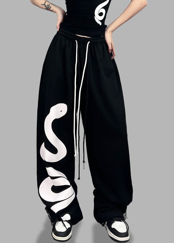 Black Print Elastic Waist Cotton Sport Pants Spring