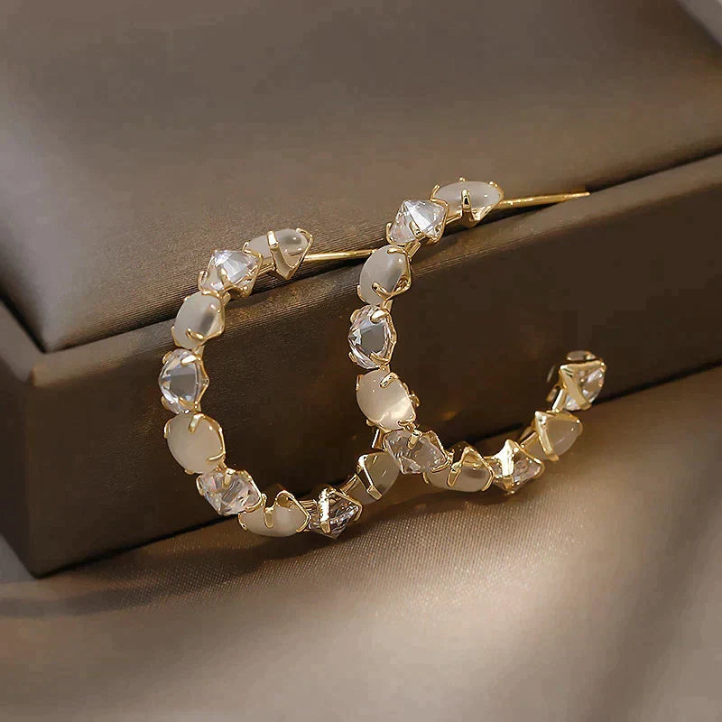White Opal and Crystal Earrings in Gold