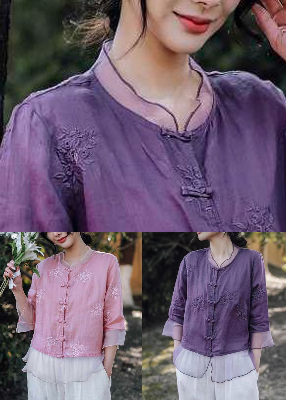 Pink Embroidered Button Linen Shirt Bracelet Sleeve