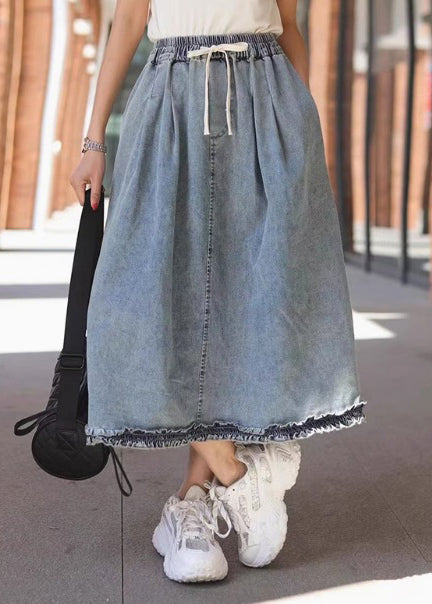 Light Blue Ruffled Elastic Waist Denim Skirt Summer