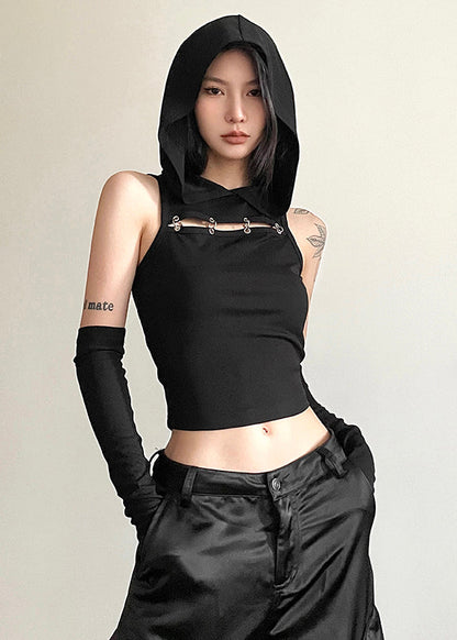 Spicy Girl Khaki Spliced Hooded Hollow Short Top