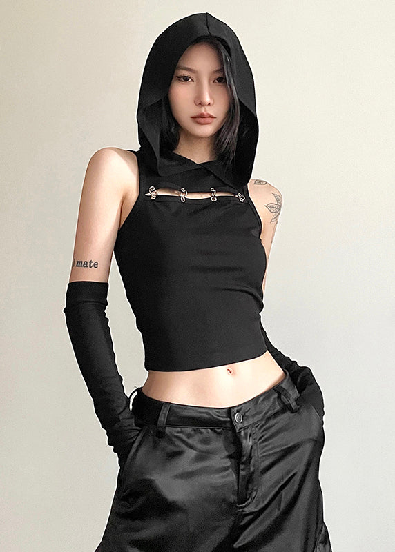Spicy Girl Khaki Spliced Hooded Hollow Short Top