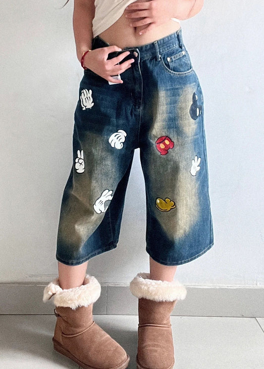Style Blue Pockets Print Denim Crop Pants Fall