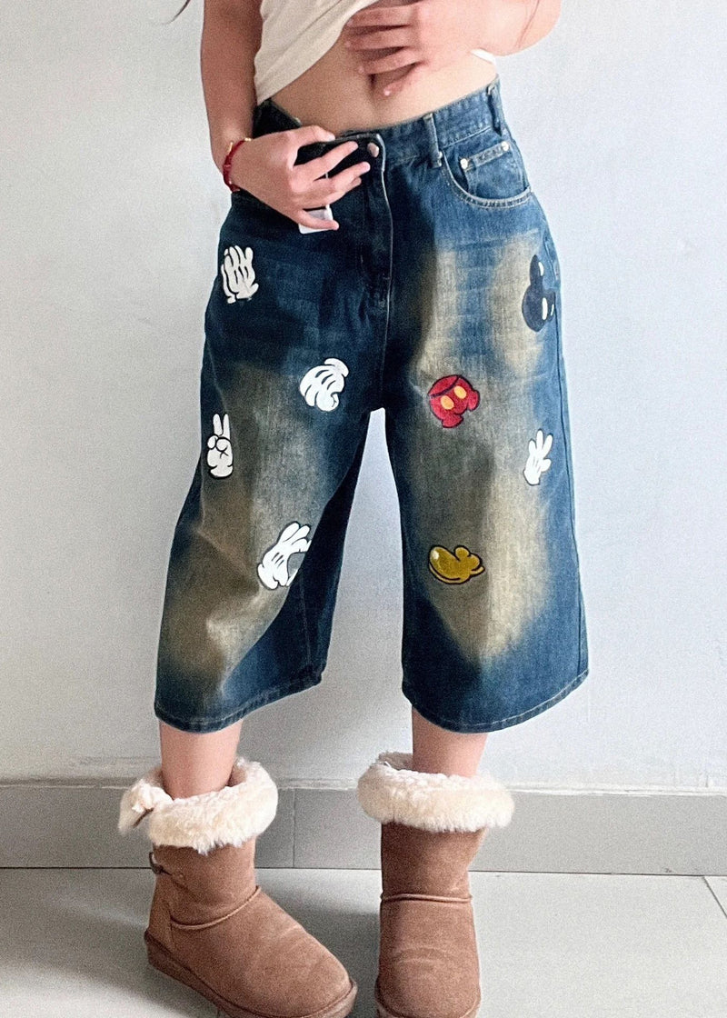 Style Blue Pockets Print Denim Crop Pants Fall