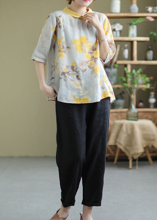 Yellow Peter Pan Collar Print Patchwork Linen Top Summer