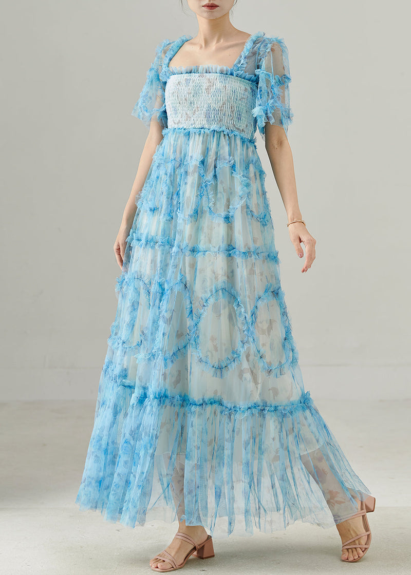 Blue Ruffled Patchwork Tulle Dresses Summer