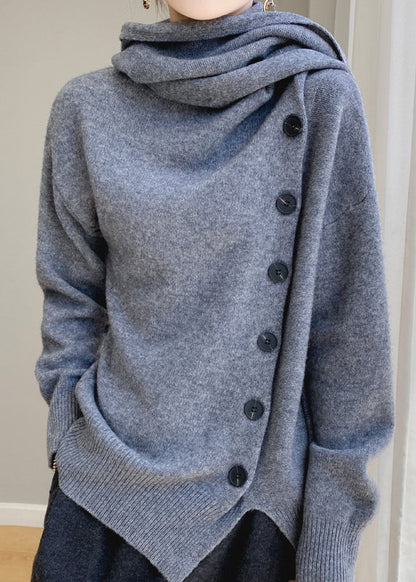 Coffee Scarf Collar Button Patchwork Wool Sweaters Spring