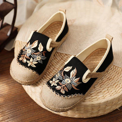 Black Embroidered Cotton Linen Fabric Splicing Flat Shoes