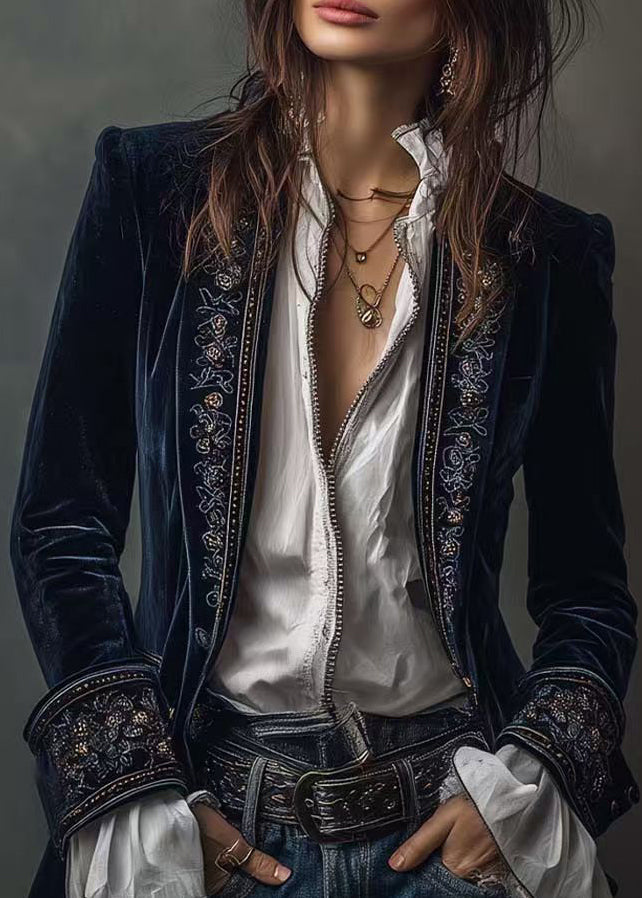 Navy Print Patchwork Velvet Coats Fall