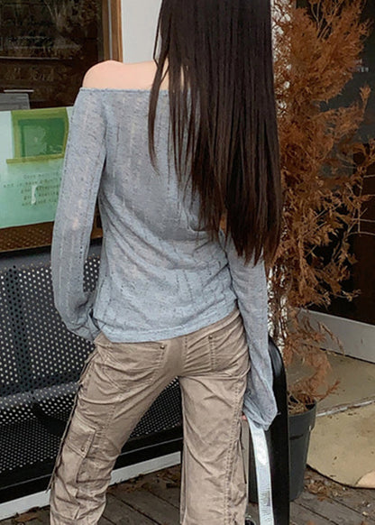 Blue Asymmetrical Knitting Cotton Top Fall