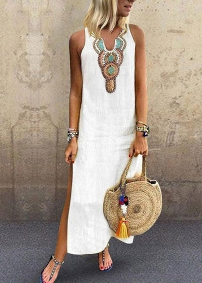 Yellow V Neck Embroidered Cotton Long Dress Sleeveless