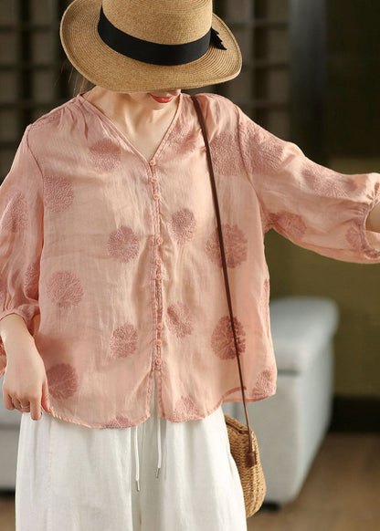 Pink V Neck Embroidered Linen Shirt Top Lantern Sleeve