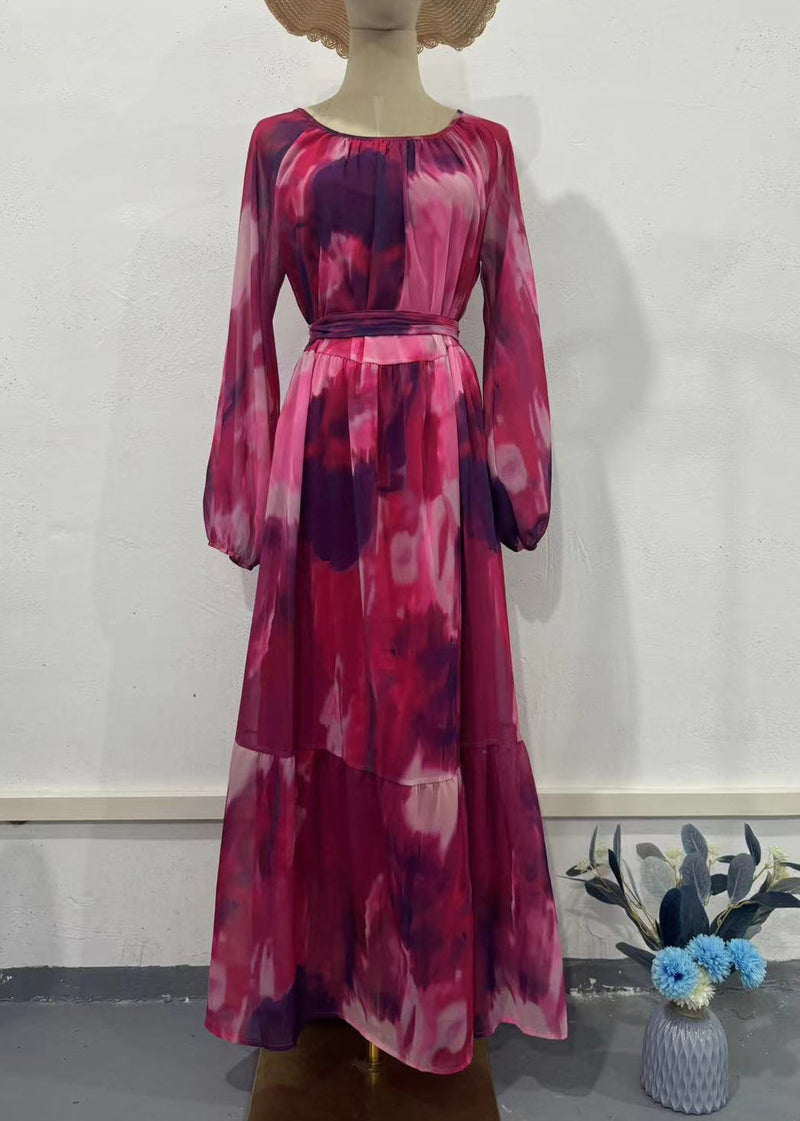 Green O Neck Print Chiffon Dresses Fall