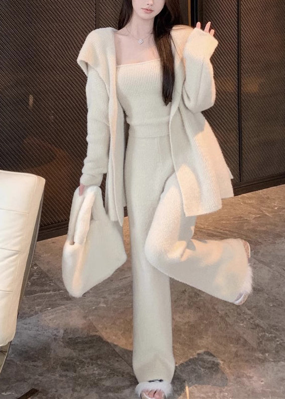 Classy Beige Tie Waist Coat Tank and Pants Knit Three Pieces Set Winter