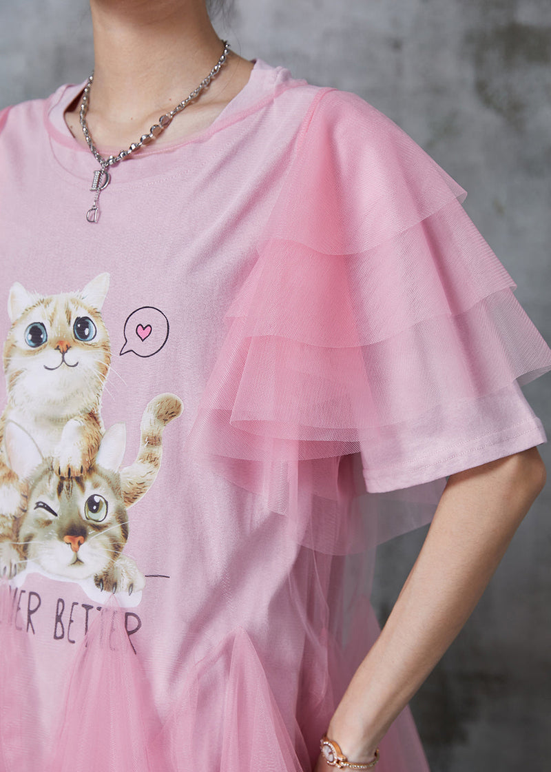 Italian Pink Cat Print Tulle Minin Dress Summer