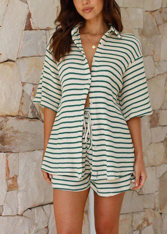 Green Patchwork Shirts and Shorts Two Piece Set Summer