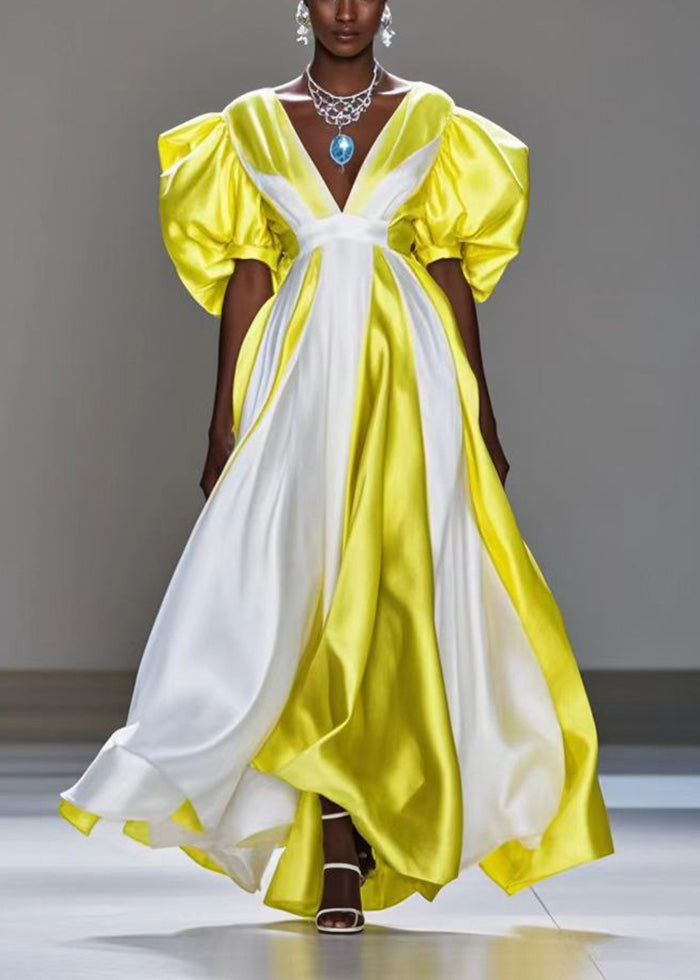 Diy Colorblock Puff Sleeve Patchwork Exra Large Hem Silk Maxi Dresses