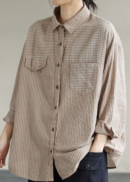 Grey Peter Pan Collar Button Striped Shirts Spring