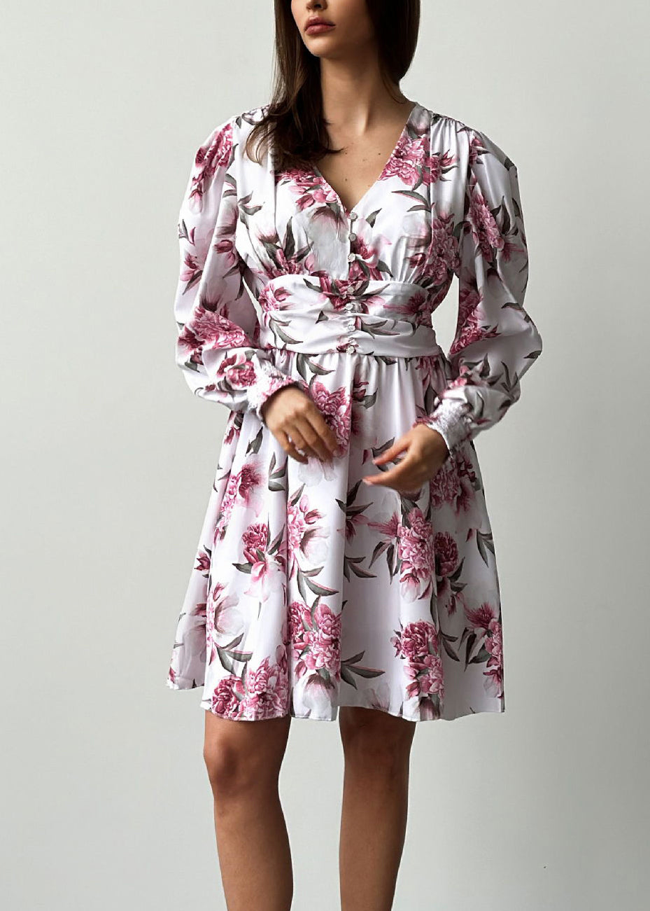 French V Neck Print Wrinkled Chiffon Mid Dresses Spring