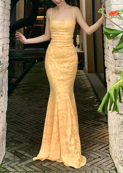 Yellow Backless Lace Maxi Spaghetti Strap Fishtail Dress Sleeveless