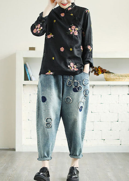 Black Patchwork Linen Shirt Top Embroidered Chinese Button Spring