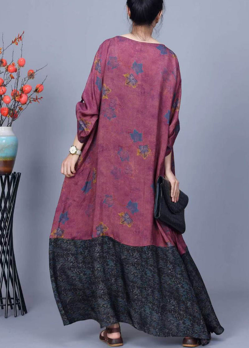 Purple Print Pockets Patchwork Silk Long Dresses Spring