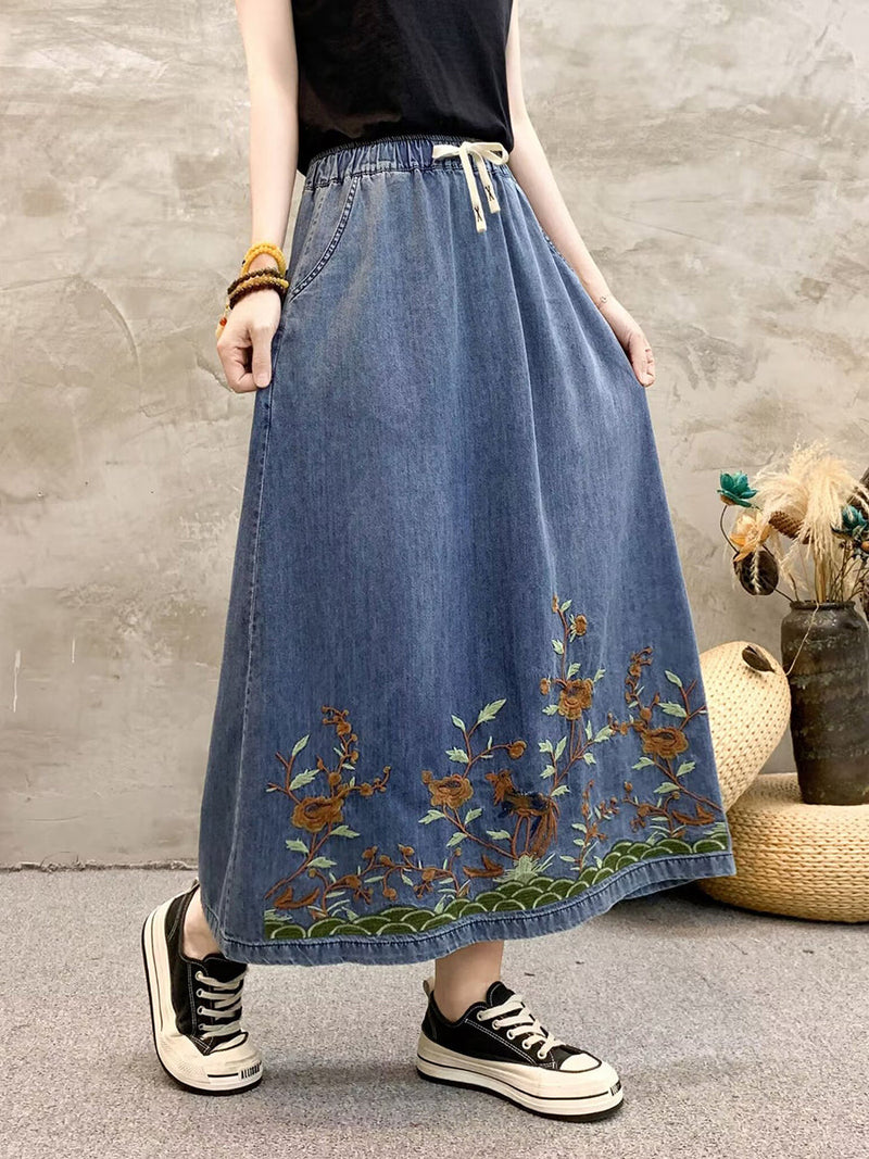 Summer Artsy Flower Embroidert Denim Skirt