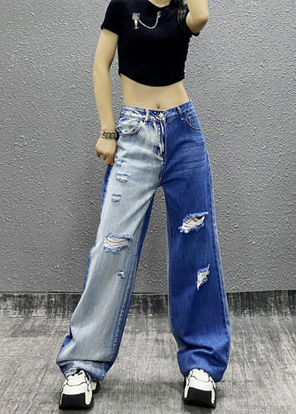 Natural Colorblock Pockets Ripped Denim Straight Pants Fall