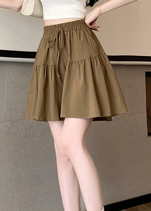 Khaki Pockets Elastic Waist Cotton Shorts Summer